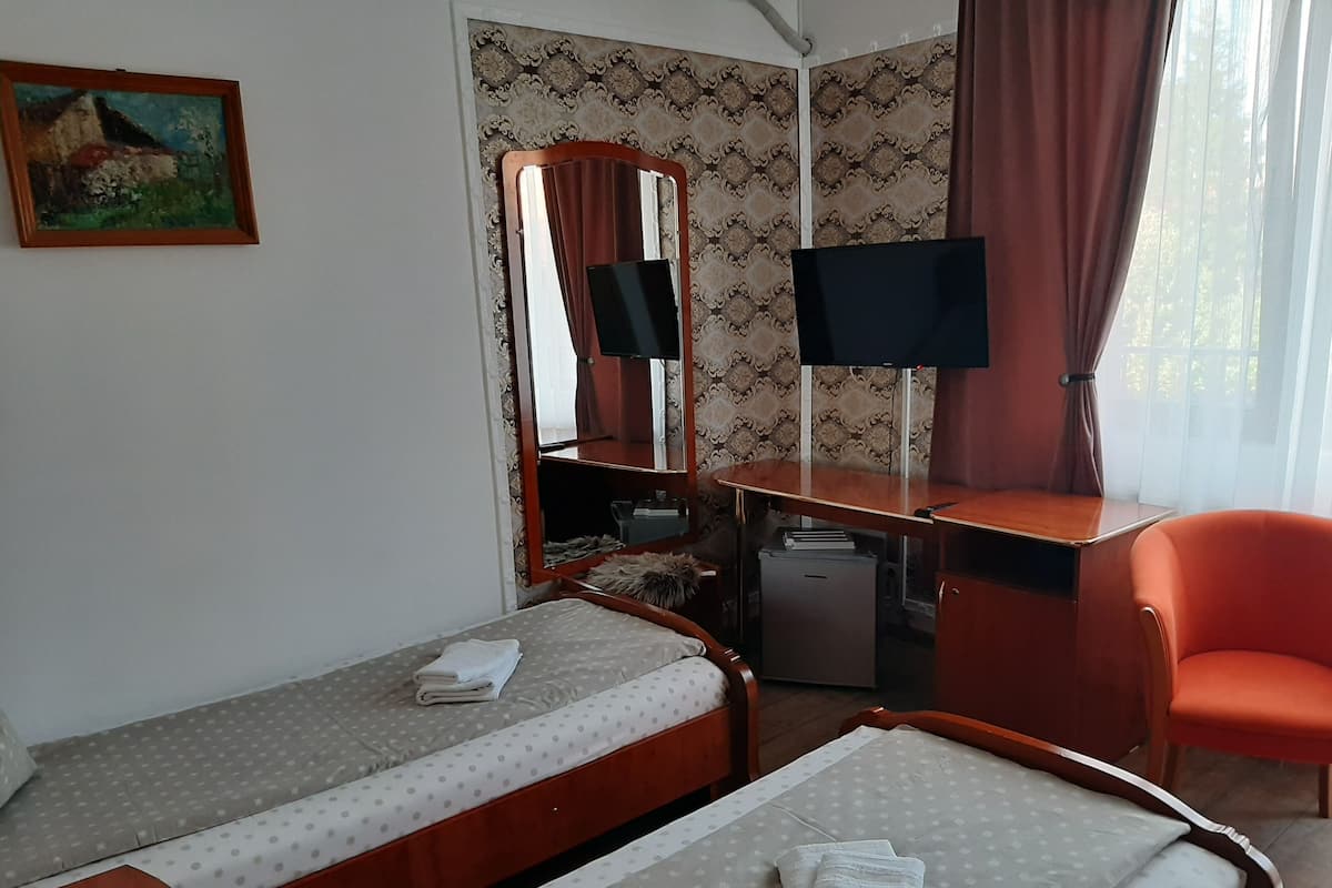 Ein Hotelzimmer mit zwei Einzelbetten, einem Schreibtisch mit Stuhl, einem Fernseher und einem kleinen Kühlschrank.