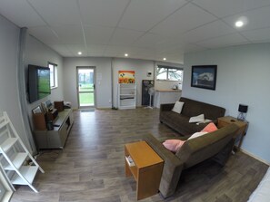 Smart TV, fireplace, video games, DVD player