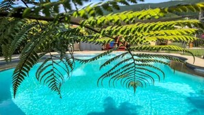 Una piscina con agua azul cristalina, rodeada de frondosos helechos y una valla.