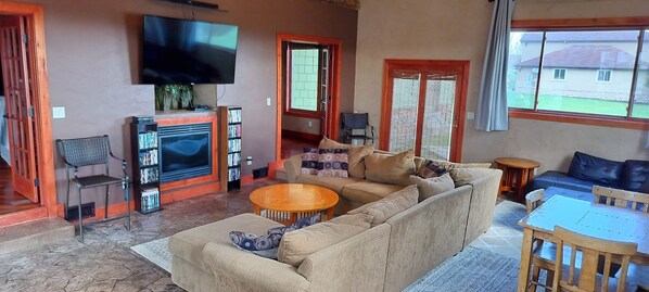 TV, fireplace, DVD player, table football