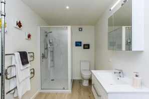 Shower, hair dryer, towels, soap