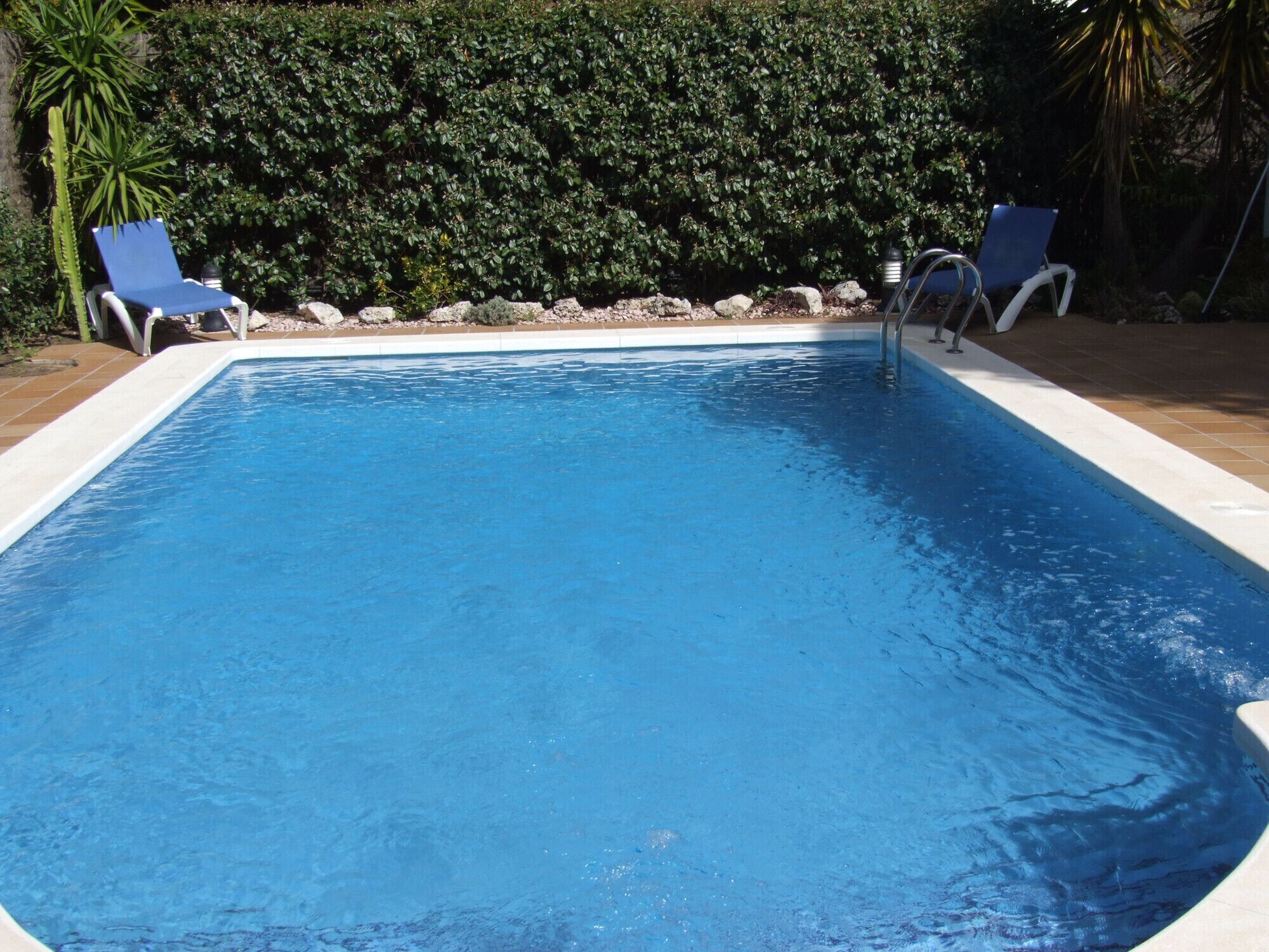 Una piscina rectangular con agua azul cristalina, rodeada por una solana con azulejos. Hay dos sillones reclinables azules a cada lado de la piscina.