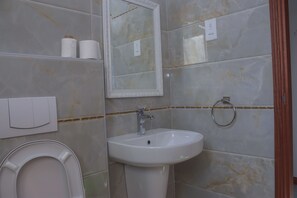 A bathroom with a toilet, sink, mirror, and towel dispenser. - Nemadek Le Royal (Mombasa)