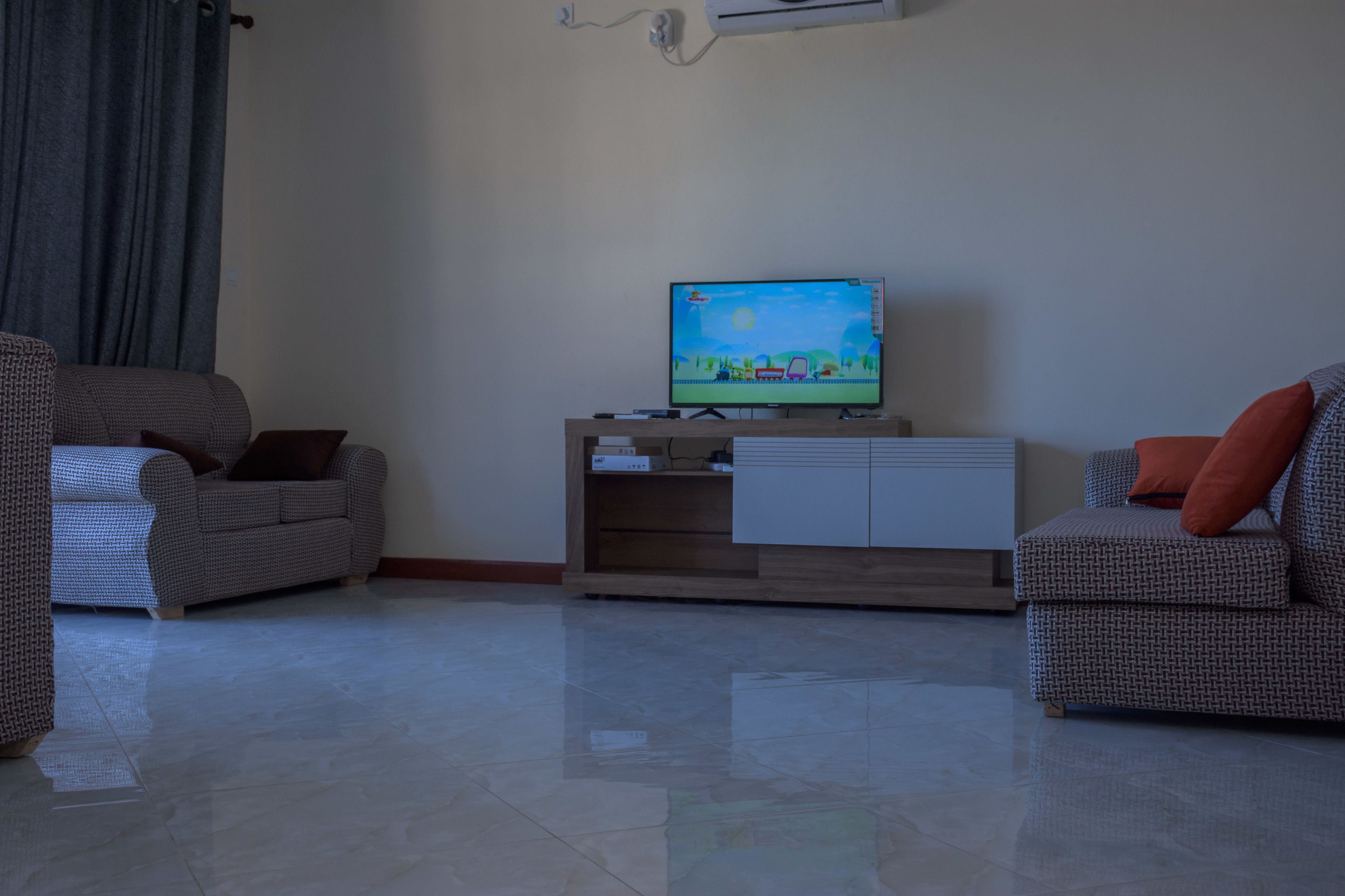 A living room with two patterned sofas, a wooden cabinet, and a television displaying a cartoon.