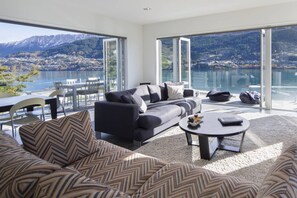 Smart TV, fireplace, books