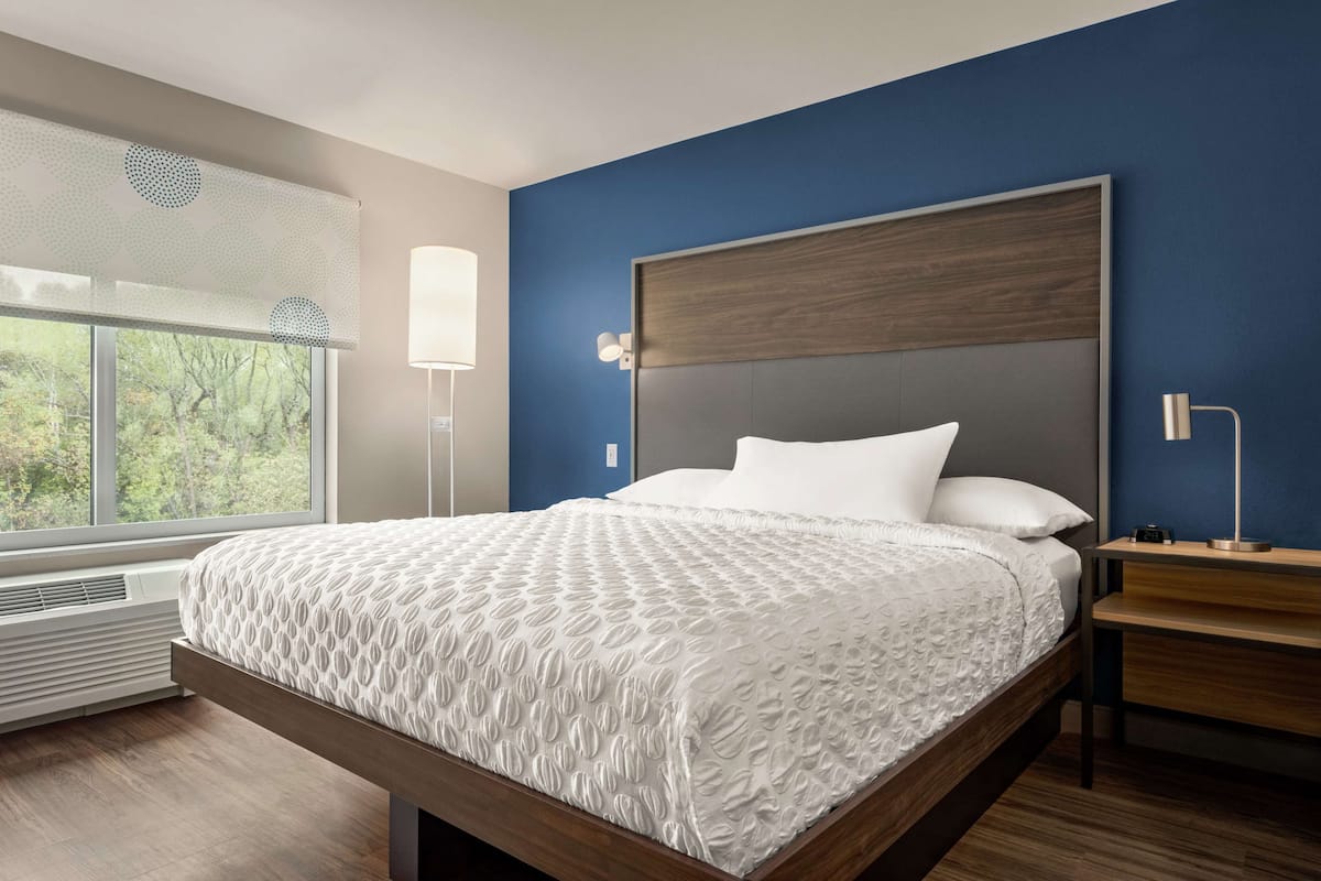 Un dormitorio moderno con una cama grande, una mesita de noche, un escritorio y una ventana con vistas a árboles.