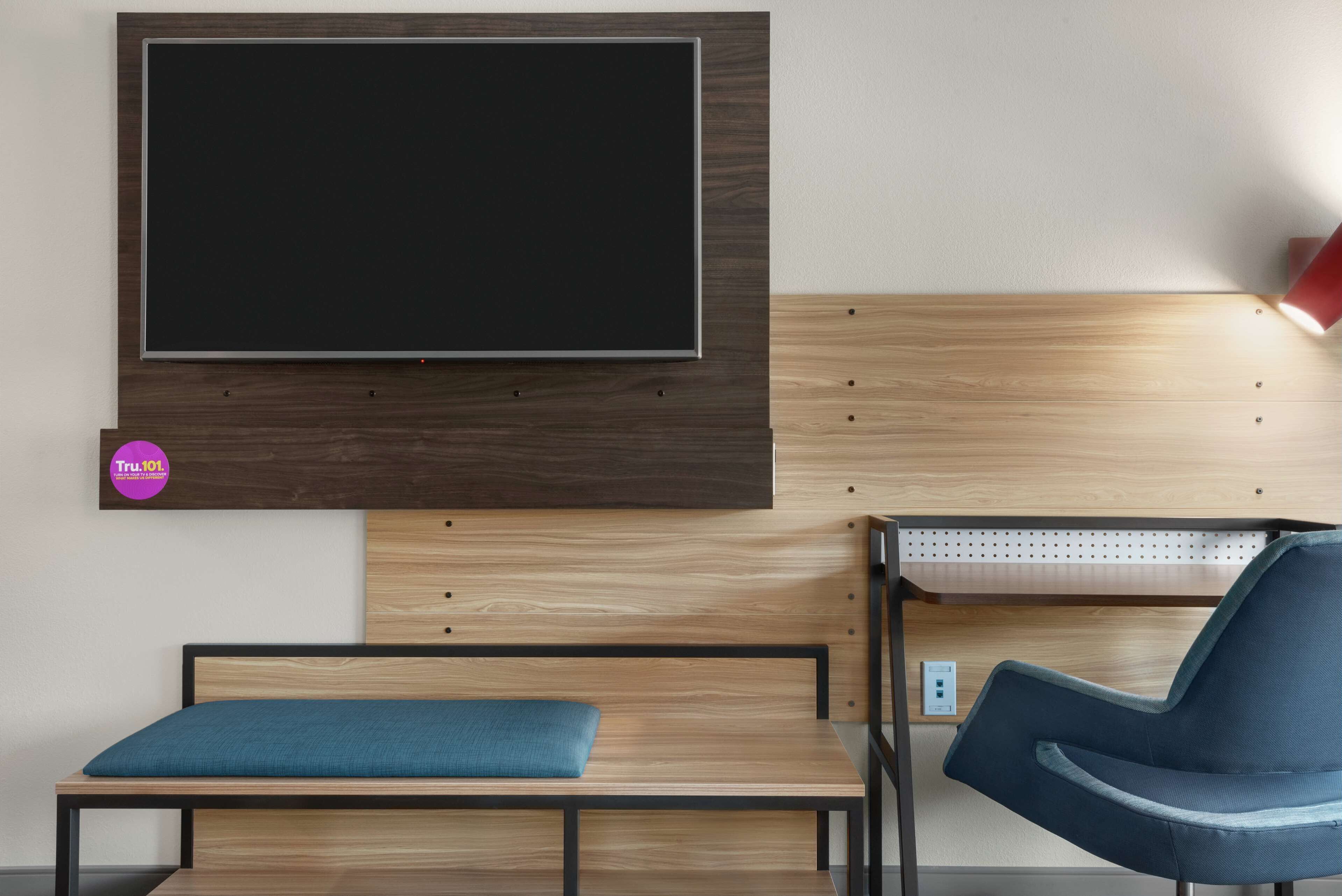 desk, laptop workspace, blackout curtains, iron/ironing board