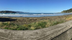 A beach with a concrete barrier, waves, and distant hills.