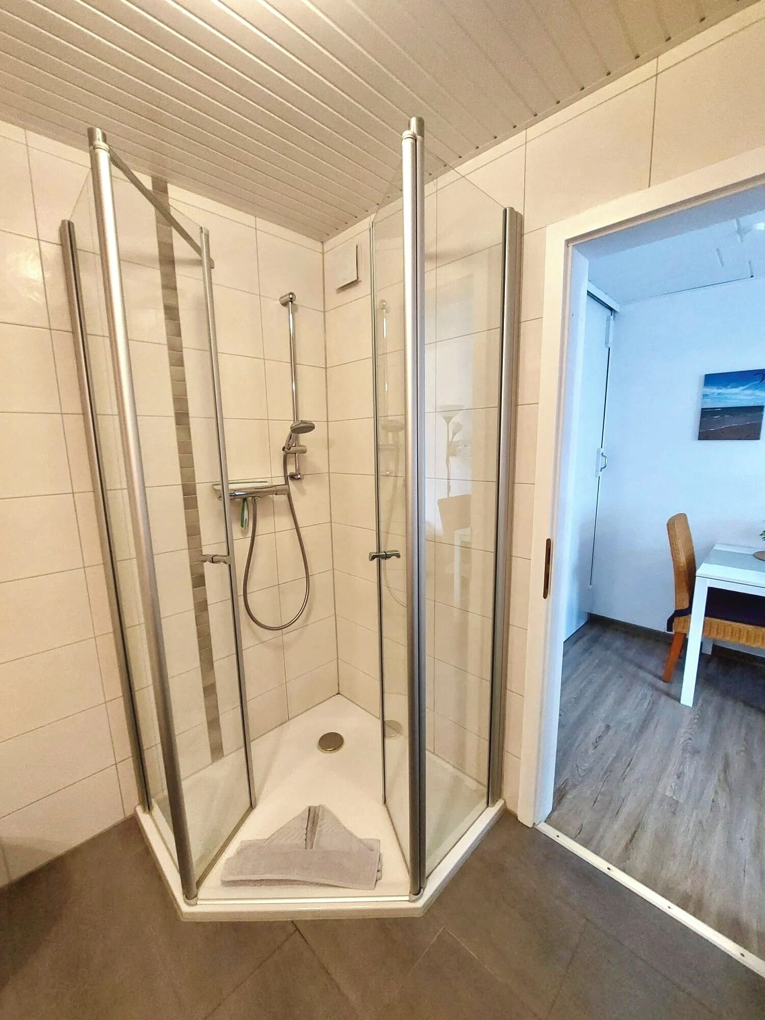 Dusj, hårføner, håndklær og såpe