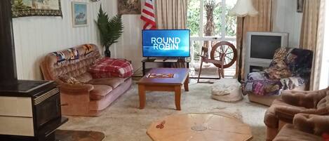 Télévision, cheminée, lecteur de DVD, vidéothèque