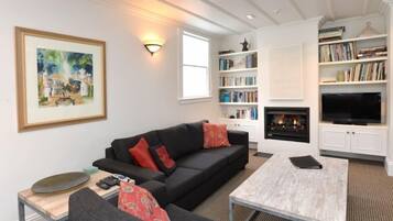 TV, fireplace, DVD player, books
