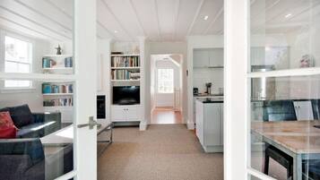 TV, fireplace, DVD player, books