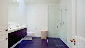 Shower, towels, soap, toilet paper