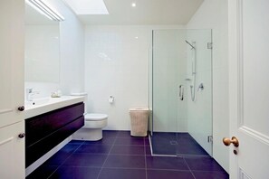 Shower, towels, soap, toilet paper