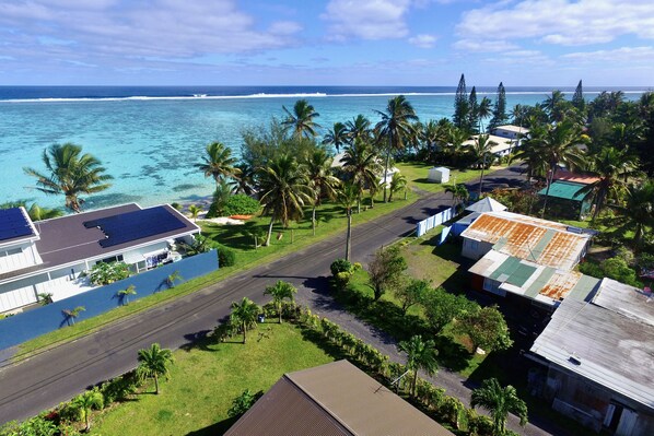 A residential area with houses, a road, and a view of the ocean.