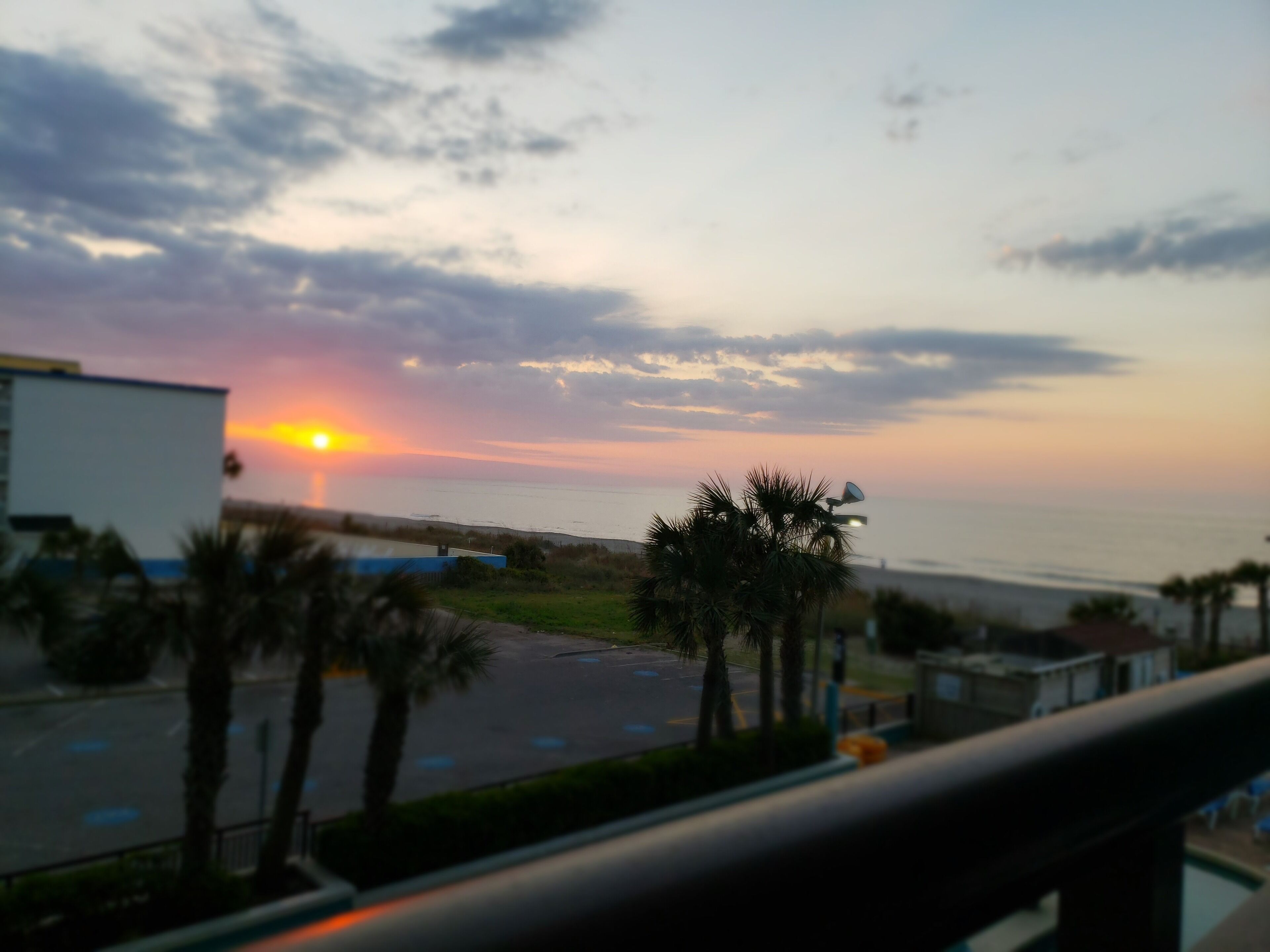 Une vue sur le coucher de soleil depuis un balcon donnant sur une route bordée de palmiers, avec un bâtiment au premier plan.