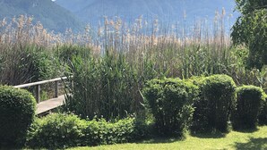 A garden with a wooden pathway, dense greenery, and tall grasses in the foreground, leading to a mountainous landscape in the background. - PIEDS DANS L’EAU, Sevrier, Maison, Accès privé lac et ponton. Idyllique, 6Pers (Sévrier)