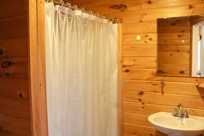 Shower, towels, toilet paper - Cozy Hocking Hills Couples Cabin | Private Hot Tub (Nelsonville)