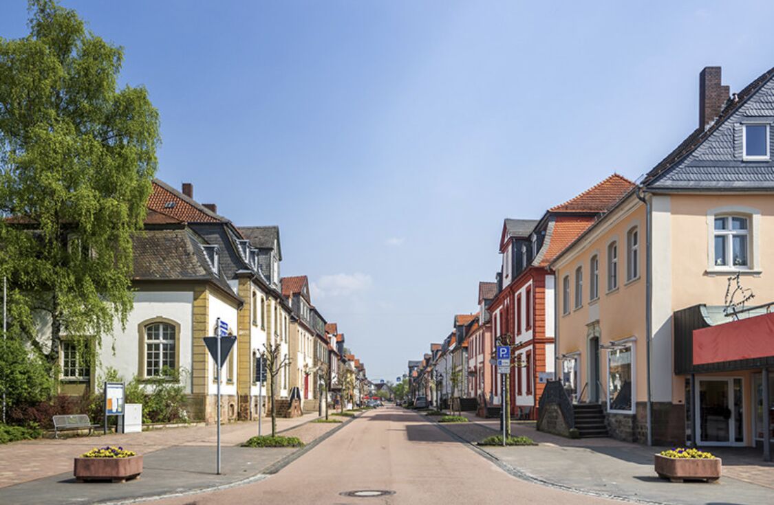 A street lined with historic buildings, a clear sky, and a pedestrian pathway.