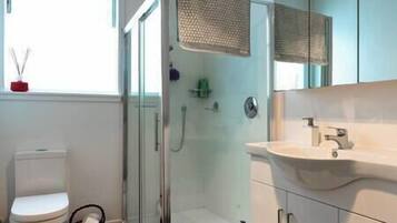 Combined shower/bathtub, hair dryer, towels