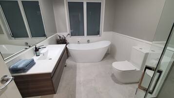 Hair dryer, towels, soap, shampoo