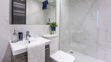 Shower, hair dryer, towels