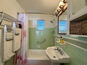 Combined shower/tub, hair dryer, towels, soap