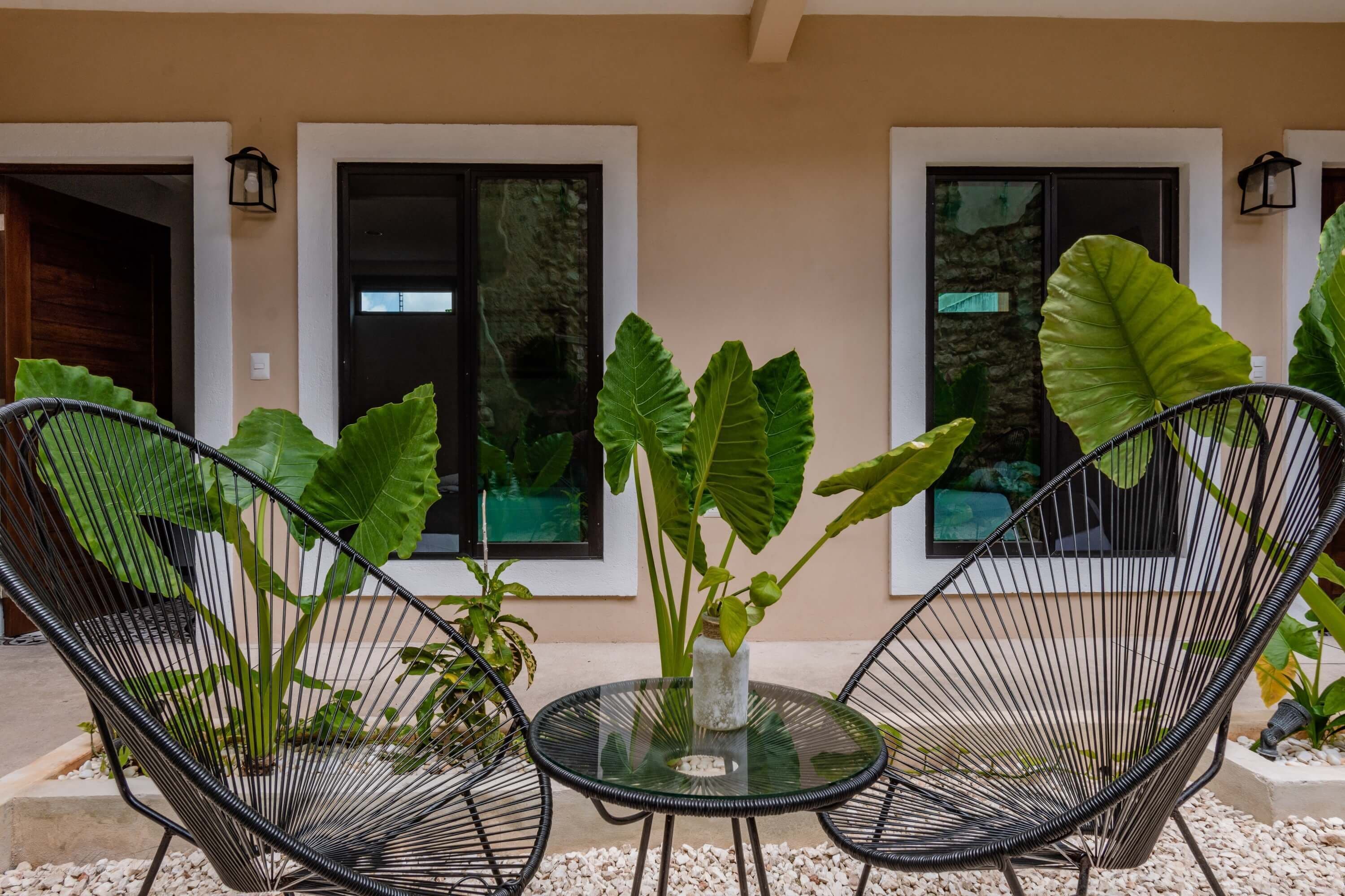 A modern outdoor seating area with two black wire mesh chairs, a glass table, and a potted plant.