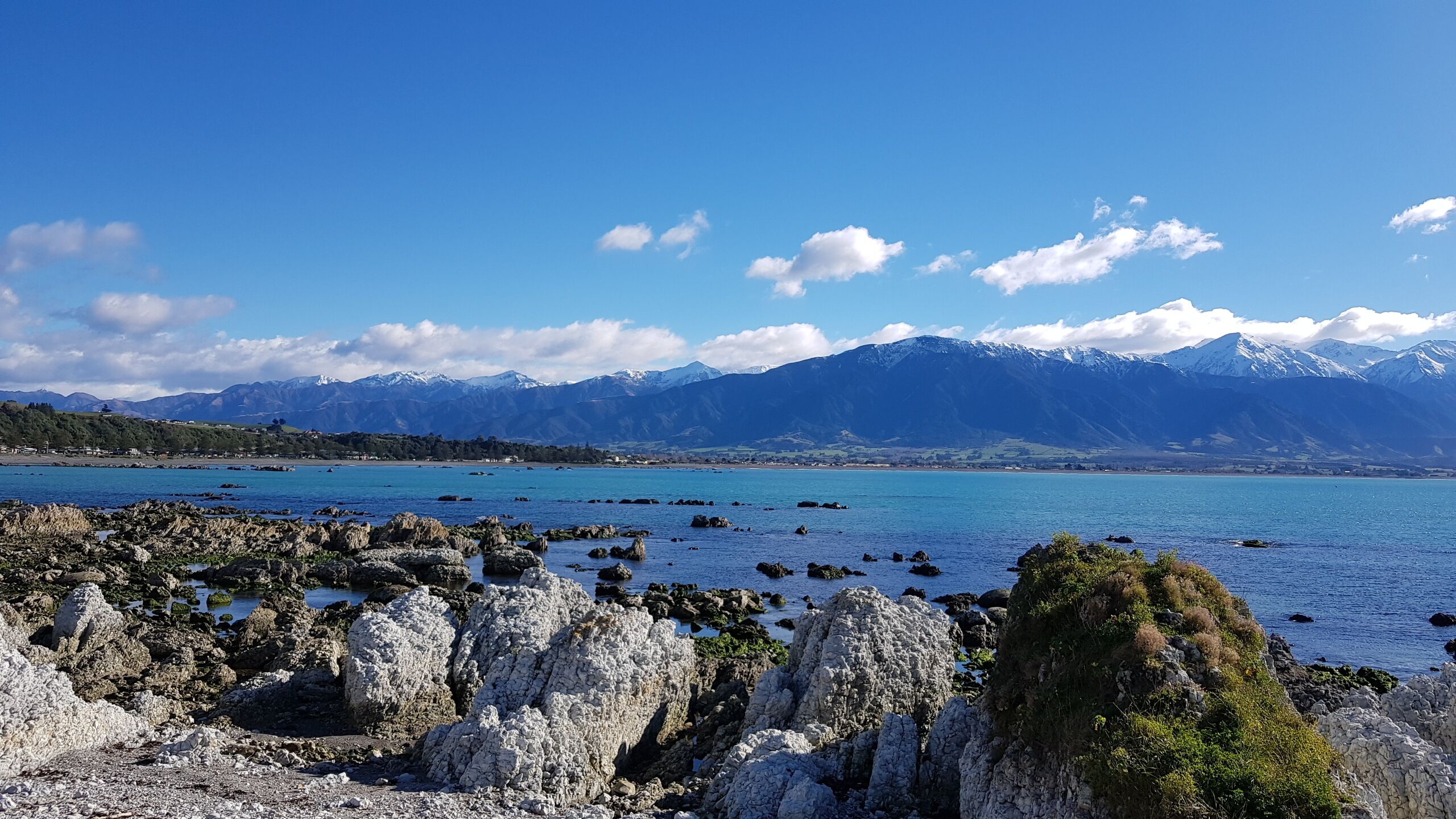 Une côte rocheuse offrant une vue dégagée sur un lac et, au loin, sur des montagnes aux sommets enneigés.