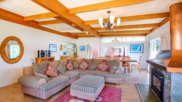 Smart TV, fireplace, DVD player, books