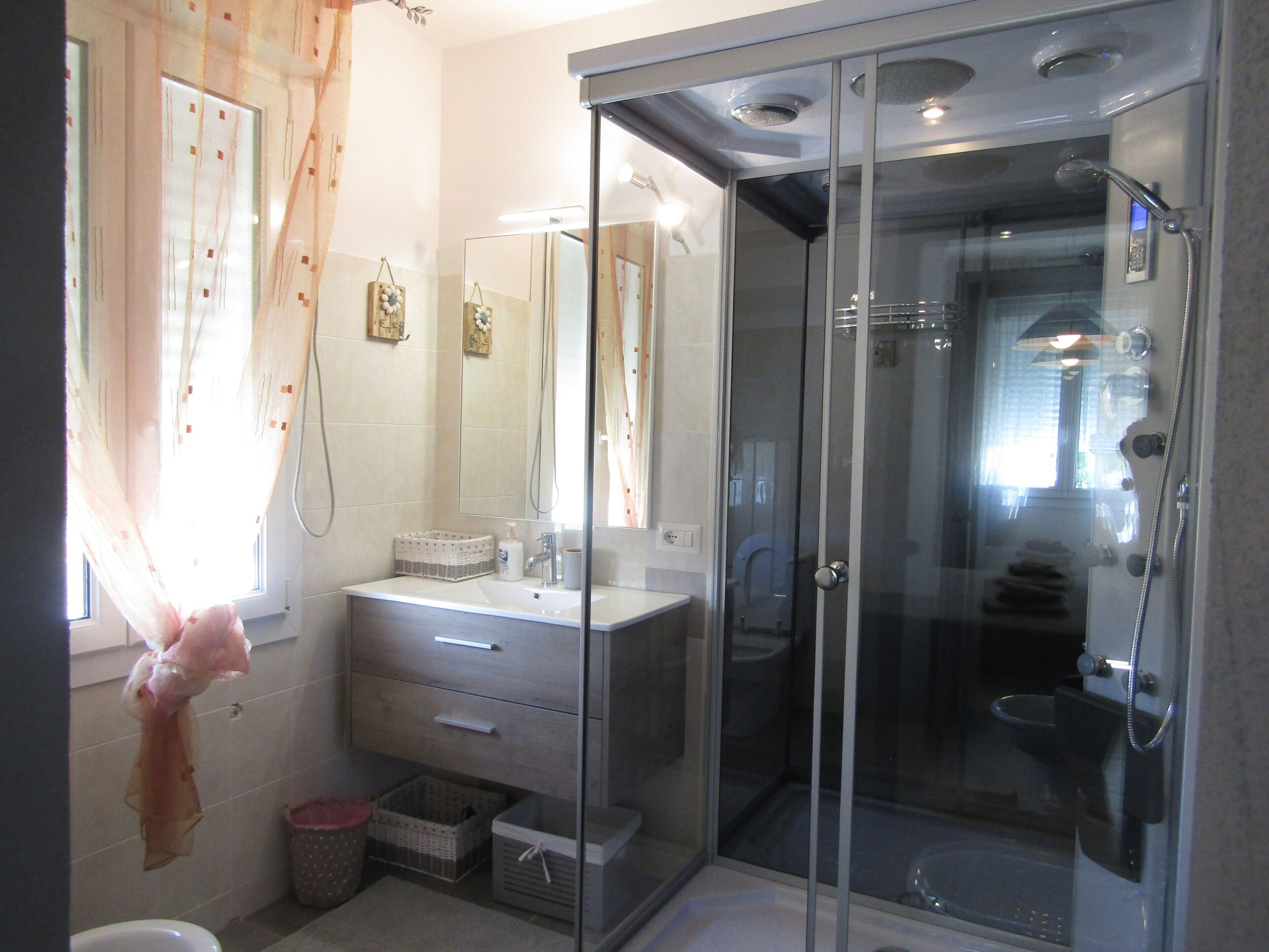 Shower, jetted tub, hair dryer, bidet