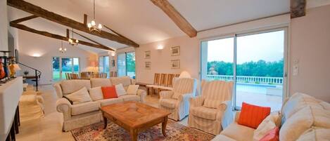 Télévision, cheminée, lecteur de DVD, livres