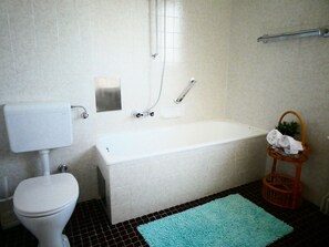 Combined shower/bathtub, free toiletries, hair dryer, slippers