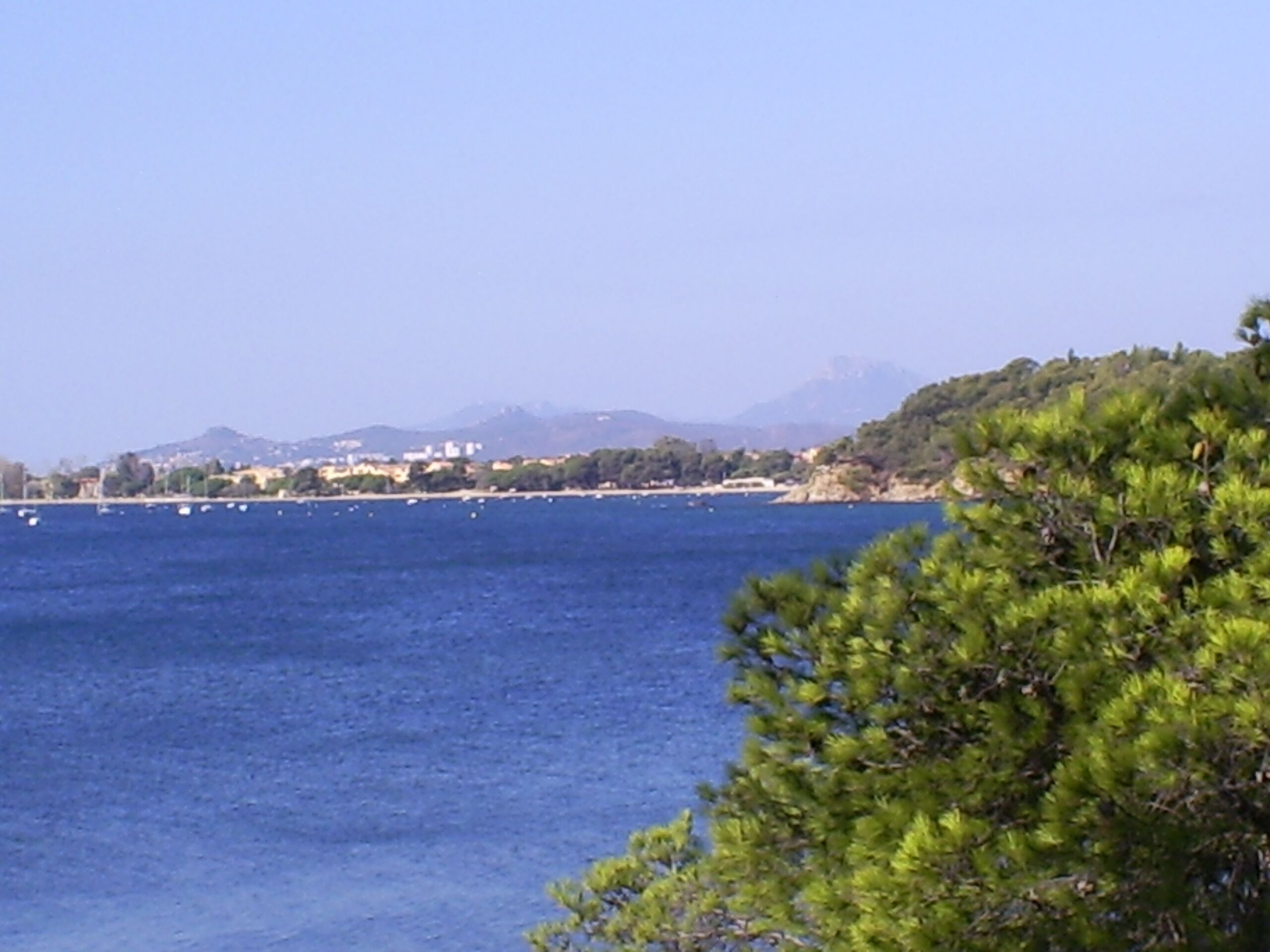 Ein Küstenblick mit blauem Meer, bewaldetem Hügel und Gebäuden im Hintergrund.