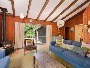 TV, fireplace - Te Kuru Cabin - Pukawa Bay Holiday Home (Pukawa Bay)