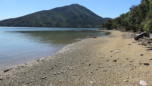Une plage de galets avec une montagne en arrière-plan.