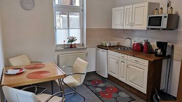 Fridge, microwave, highchair