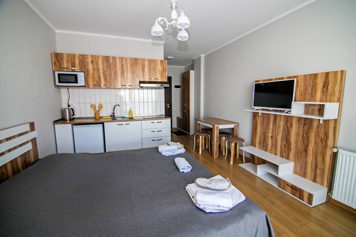 Une chambre d’hôtel moderne dotée d’un grand lit, d’une kitchenette, d’une télévision et d’un mur décoratif en bois.