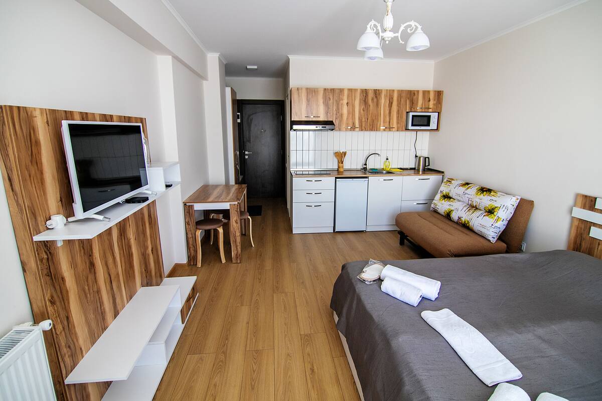 Une chambre d’hôtel moderne avec un plancher en bois, un lit recouvert d’une couvre-lit grise, un téléviseur posé sur une étagère en bois, une petite kitchenette et une tête de lit en bois.