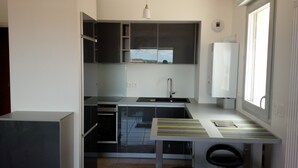 A compact kitchen with a built-in oven, a sink, and a window providing natural light. - Apartment bayonne T2 (Bayonne)