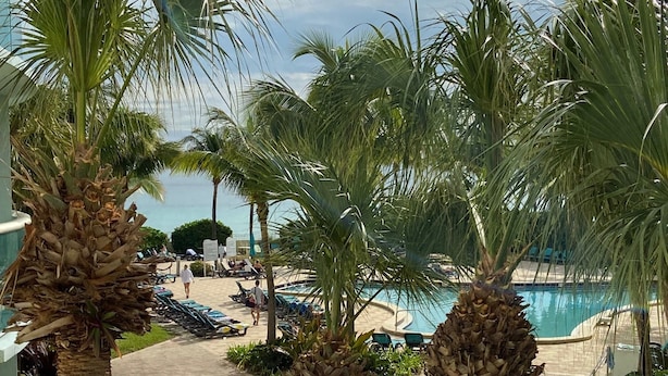 Area piscina con palme, sdraio e vista sull'oceano.