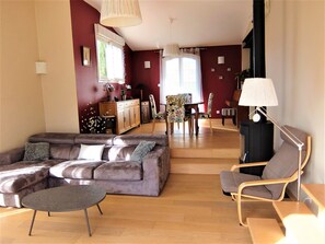 Télévision, cheminée, livres