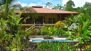 A tropical resort with a swimming pool, surrounded by lush greenery and a thatched-roof building. - Oceanfront Bluff Beach Retreat - Spectacular 65 Ft Swimming Pool (Isla Colon)