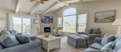 TV, fireplace, table football