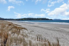 A beach with sand dunes and a view of a distant hill.