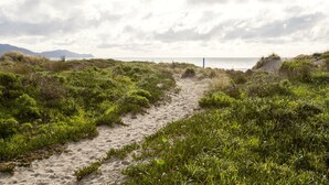 Ein sandiger Pfad durch eine Küstenlandschaft mit grüner Vegetation und Blick auf das Meer und die entfernten Berge.