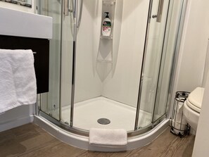 Dusche, Haartrockner, Handtücher, Shampoo