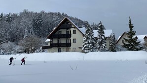 A multi-story building with balconies, surrounded by snow-covered trees and a ski slope.