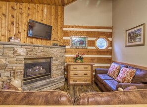 Televisie, een open haard en een dvd-speler