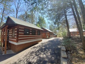 A row of log cabins with a paved walkway between them, surrounded by trees.